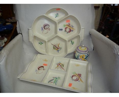 TWO POOLE POTTERY HORS D'OEUVRE DISHES, and a Poole preserve pot (s.d. to lid) (3)