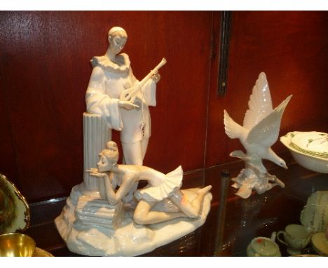 A LARGE LLADRO FIGURE GROUP, Ballerina and Minstrel, height approximately 38.5cm, together with Lladro Dove (s.d. to beak) (2