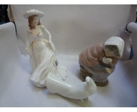 A ROYAL WORCESTER FIGURE, 'Birthday Wish', a Nao figure of girl with Duck and a Nao Dove (3)