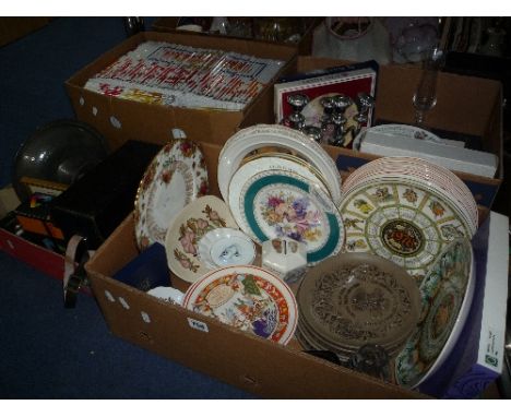 FOUR BOXES OF CERAMICS, (Collectors plates, Poole etc), cameras, books, plated items etc