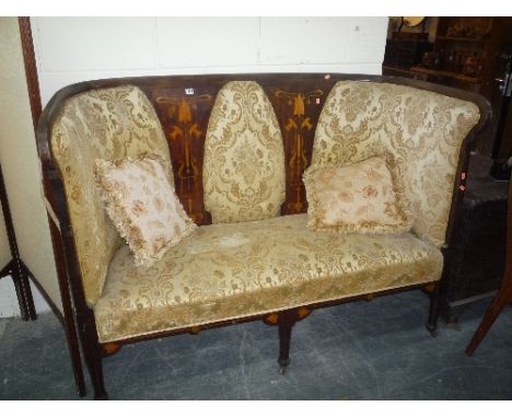 A 19TH CENTURY ART NOUVEAU STYLE MAHOGANY INLAID BENCH, the high raised back extending around both sides with gold upholstery