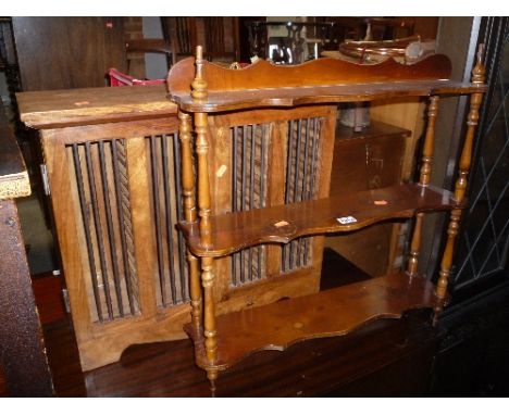 A HARDWOOD HANGING TWO DOOR UNIT, and a hanging open shelf