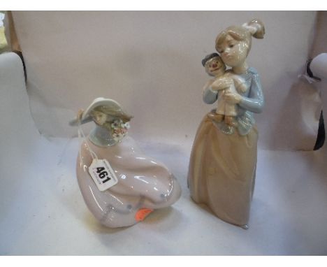 A LLADRO FIGURE, girl with flowers in wind and a Nao figure of girl with doll of Clown (2)