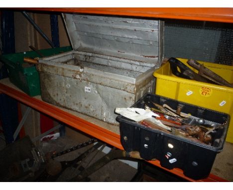 A METAL TRUNK, and three plastic boxes containing various tools etc