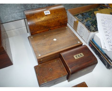 A BURR WALNUT DOMED TEA CADDY, (lacking interior), together with a rosewood tea caddy and two other boxes (4)