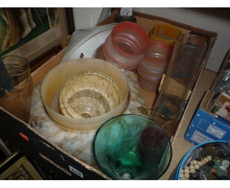 VARIOUS GLASS SHADES, OIL LAMP, etc
