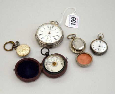 A SILVER THOMAS RUSSELL POCKET WATCH, a silver fob watch, plated sovereign case, a damp detector and a Timex watch (5)