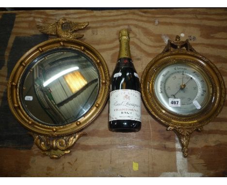 A GILT FRAMED BAROMETER, a convex gilt framed mirror and a bottle of Paul Langier Champagne (3)
