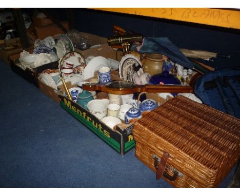 SIX BOXES AND LOOSE CERAMICS, GLASS, BAROMETER, WICKER HAMPER, UMBRELLAS, etc