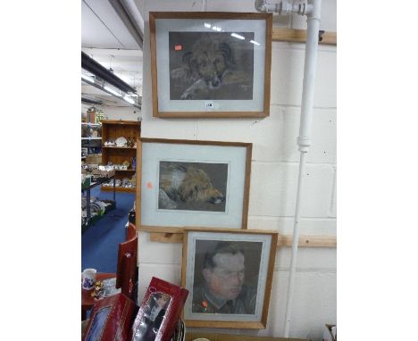 T. BOWIE, head portrait of a Terrier, pair, pastel, signed and a portrait of a man by the same hand (3)