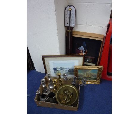 A STICK BAROMETER, various pictures, metalwares, 'Pirelli' calendar book etc