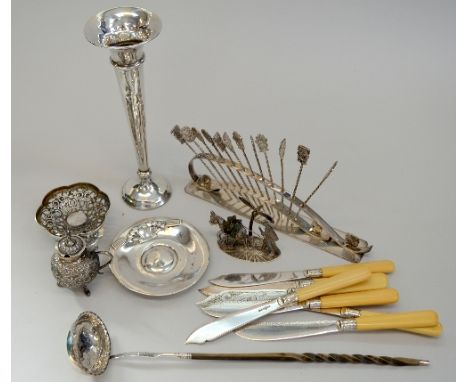 A BOX OF MIXED SILVER, including a teddy spoon, candlestick etc