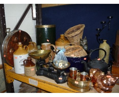 A QUANTITY OF KITCHENALIA, to include scales, wicker, copper, stoneware flagons etc