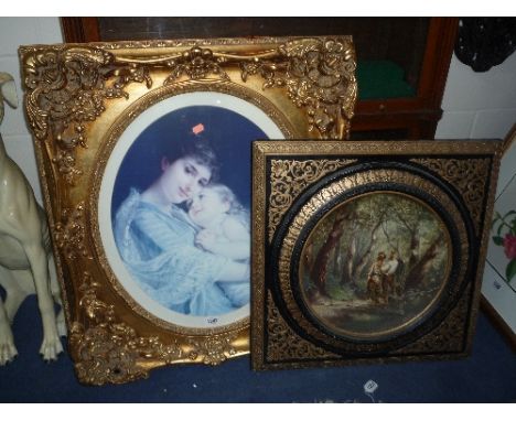 A PRINT, of a Mother and Child, in heavy ornate gilt frame and a framed ceramic plaque (s.d.) (2)