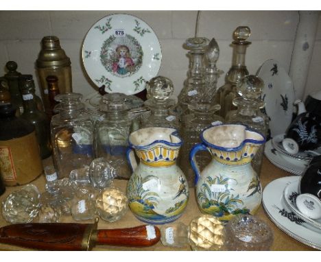 VARIOUS GLASS DECANTERS, cabinet plates, ornamental dagger, a pair of jugs etc