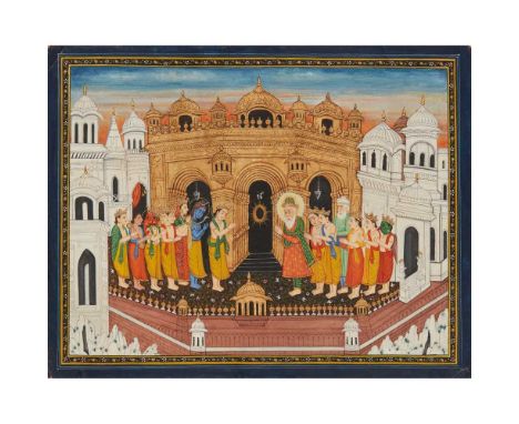 GURU NANAK AND HIS DEVOTEES OUTSIDE THE GOLDEN TEMPLE INDIA, LATE 19TH CENTURY gouache heightened in gold on paper, verso wit