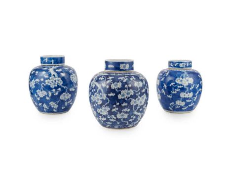 GROUP OF THREE BLUE AND WHITE GINGER JARS WITH COVERS 19TH-20TH CENTURY   十九至二十世紀 康熙及雙圈款 青花冰梅紋蓋罐（共三件） all similarly decorated
