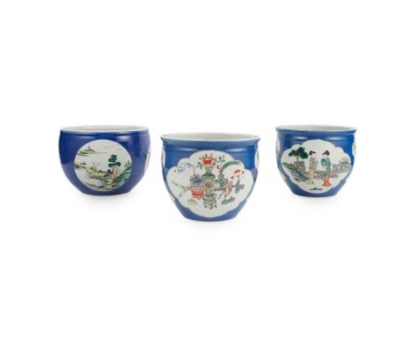 GROUP OF THREE POWDER-BLUE-GROUND FAMILLE VERTE JARDINIÈRES KANGXI MARK BUT 19TH-20TH CENTURY  十九至二十世紀 康熙款 灑藍地綠彩開窗山水人物紋盆（共三件）