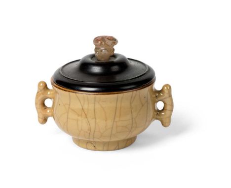 GE-TYPE CRACKLE-GLAZED INCENSE BURNER QING DYNASTY, 18TH CENTURY   清 黃哥釉戟耳香爐 the bulbous body raised on a short ring foot to 