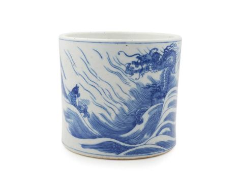 BLUE AND WHITE INSCRIBED BRUSH POT  青花'四景讀書樂'詩文及鯉魚躍龍門圖筆筒 the straight sides painted with a carp and dragon leaping above the 