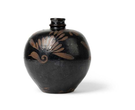 HENAN RUSSET-PAINTED BLACK-GLAZED JAR NORTHERN SONG TO JIN DYNASTY   北宋至金 河南黑釉鐵鏽花鳳紋瓶 the globular body rising to pronounced r