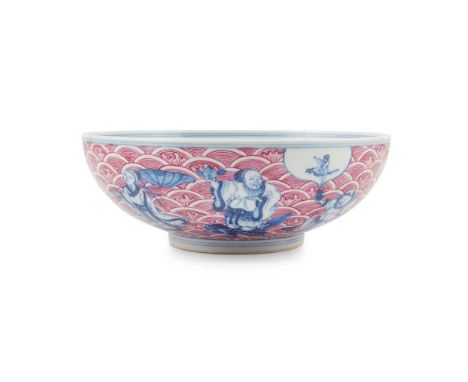 PUCE-ENAMELED BLUE AND WHITE BOWL GUANGXU MARK   光緒款 青花胭脂紅八仙過海紋碗 the rounded sides rising from a tapered foot, the exterior p