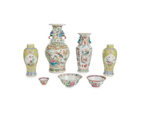 GROUP OF SEVEN FAMILLE ROSE WARES  19TH-20TH CENTURY  十九至二十世紀 各色粉彩、廣彩瓶 及 曹順泰、光緒款 娘惹粉彩碗（共七件） comprising: a canton famille rose