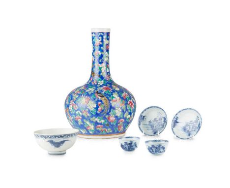 COLLECTION OF SIX PORCELAIN WARES  19TH-20TH CENTURY   十九至二十世紀 娘惹粉彩花鳥紋瓶、清 ‘南京號’ 海撈青花山水人物圖杯盞兩對 及 明 成化款 ‘萬曆號’ 海撈青花蝴蝶紋碗（共六件） com