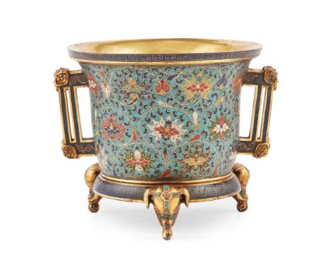 CLOISONNE ENAMEL 'LOTUS' TRIPOD CENSER JINGTAI MARK, 19TH-20TH CENTURY   十九至二十世紀 景泰款 銅胎掐絲琺瑯纏枝蓮紋三足象首香爐 of flute form, the exte