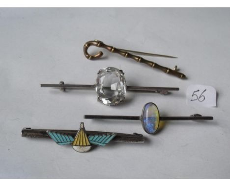 A silver & enamel brooch with 3 others