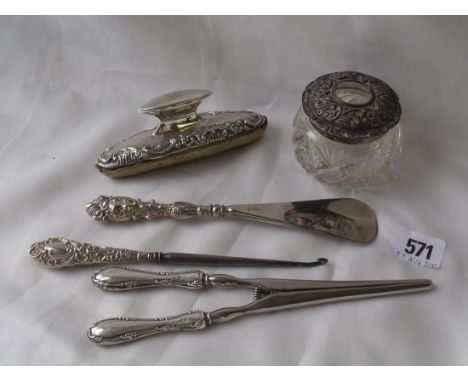 Embossed top dressing table jar Birm 1904 button hook  nail buffer etc        