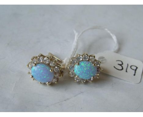 Pair of opal & white spinel cluster earrings mounted in  14ct gold 6.3g inc
