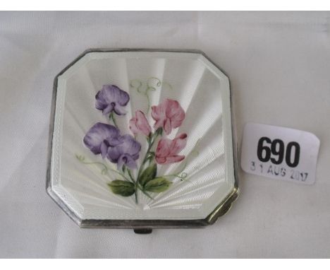 An attractive enamel compact painted with  sweet peas 3” wide       
