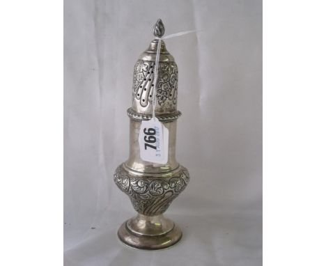 A late Victorian embossed caster with flame finial 7” high  1899 by M.J. 144g       