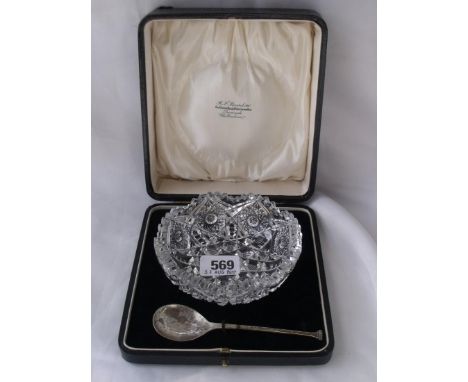 A cut glass bowl with a silver spoon in fitted box   