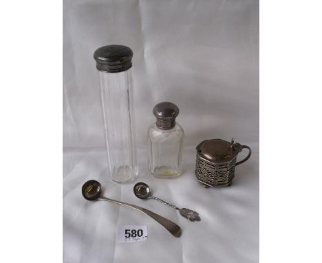 An octagonal pierced mustard pot cruet ladle 1816  and two mounted bottles      
