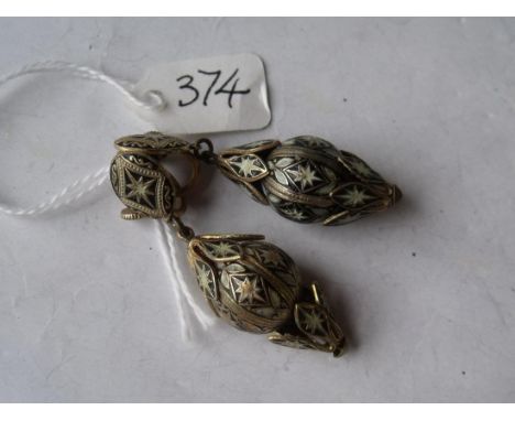 Pair of gilt & enamel drop pendant earrings