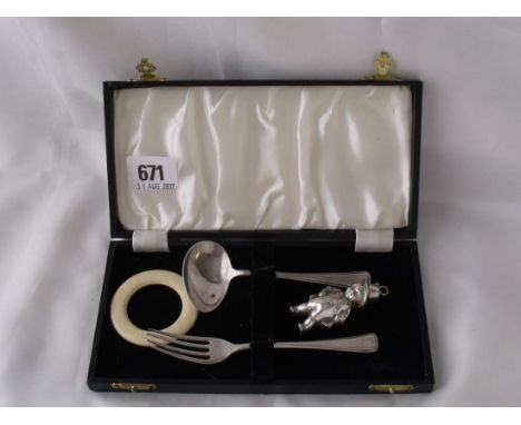 Child’s spoon and fork in fitted case and a plated rattle  