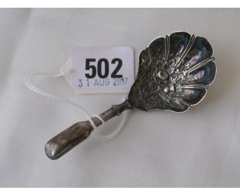 An attractive caddy spoon shell shaped bowl embossed  with thistle etc  Birm 1814 by I.T.     