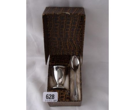 A boxed egg cup and spoon London 1945 by P & W 49g  
