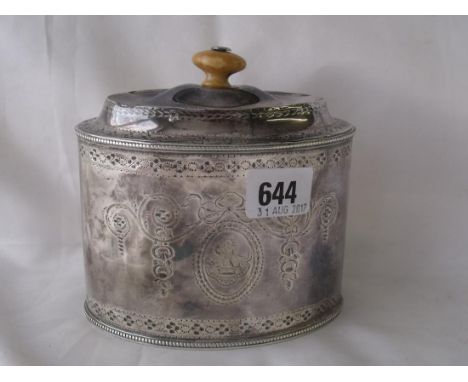 George III oval bright cut tea caddy with hinge cover  5.5” wide 1785 by T.C. 385g      