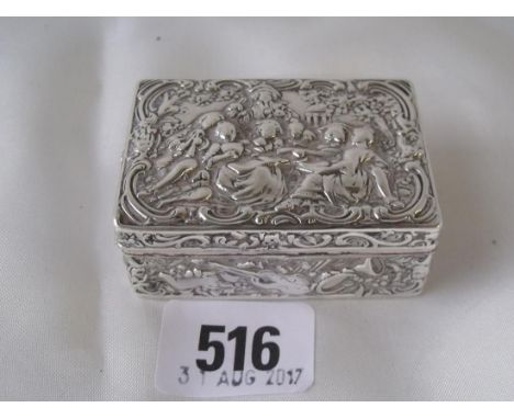 Oblong and snuff box embossed with figures with  musical trophies hinge cover 2.5” wide import mark  for Chester 1901       
