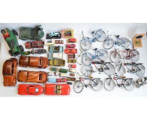 Collection of model vehicles, bicycles and aircraft to include large scale metal and plastic bike models, diecast cars to inc