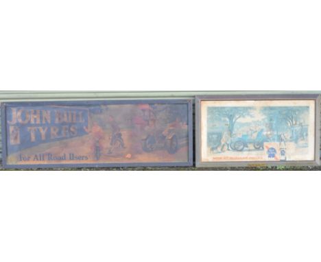 Two wooden framed and backed vintage printed advertising sign for John Bull Tyres "For All Road Users" (wood backed, 152.1x52