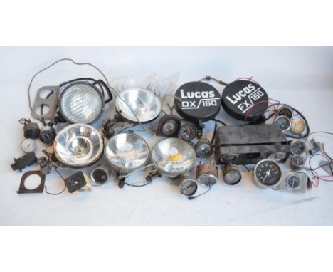 Collection of mostly C1960's-modern car lamps (to include Lucas), a plastic car dash, instruments etc. Qty 