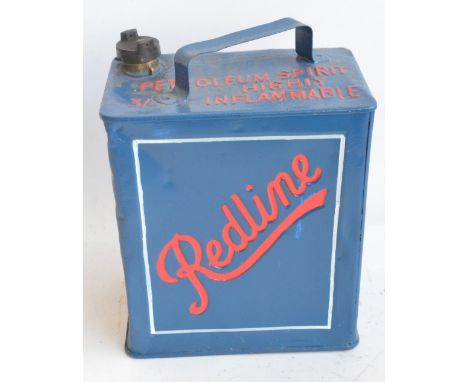 Vintage Redline 2 gallon petrol can with cap, repainted/restored in blue with red lettering 