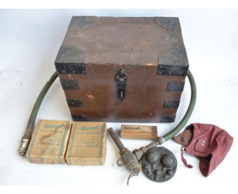 Vintage fuel nozzle with pie, a red leather motoring cap (no size or makers marks), metal bulb case, 2x Bluemel's insect defl