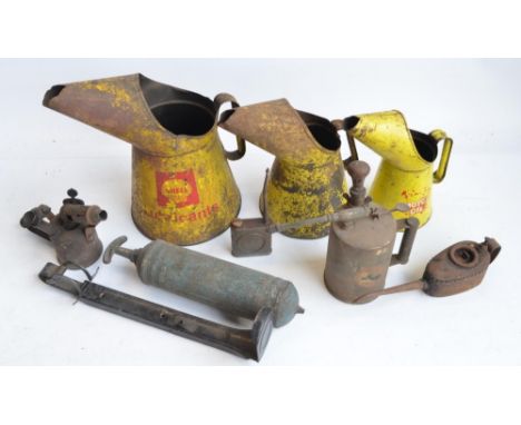 Collection of vintage oil cans to include Shell Lubricants, a blow torch, fire extinguisher, extinguisher wall mount etc. (9)