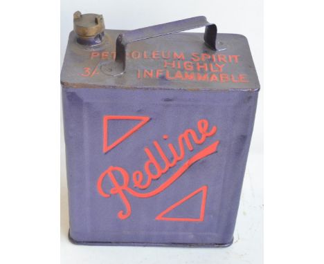 Vintage Redline 2 gallon petrol can with cap, repainted/restored in purple with red lettering 