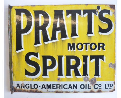 Vintage enamel double sided plate steel advertising sign for Pratt's Motor Spirit with 90 degree attachment flange, 21"x18" (